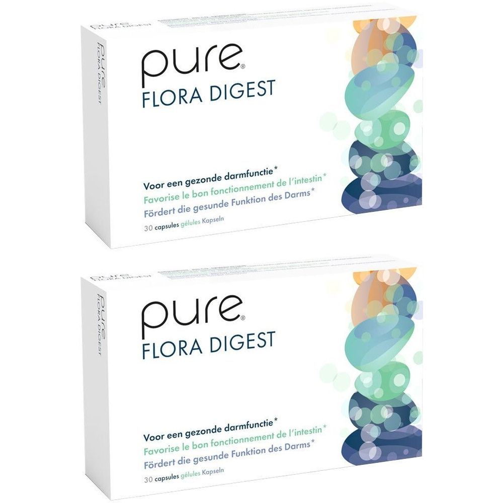 Deux boîtes blanches avec le logo "pure FLORA DIGEST". Texte: "Favorise le bon fonctionnement de l'intestin". 30 gélules.