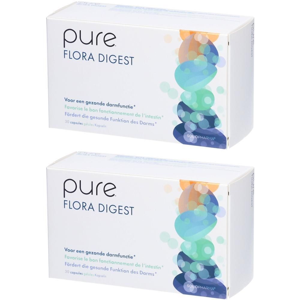 Deux boîtes blanches avec le logo "pure FLORA DIGEST". Texte: "Favorise le bon fonctionnement de l'intestin". 30 gélules.