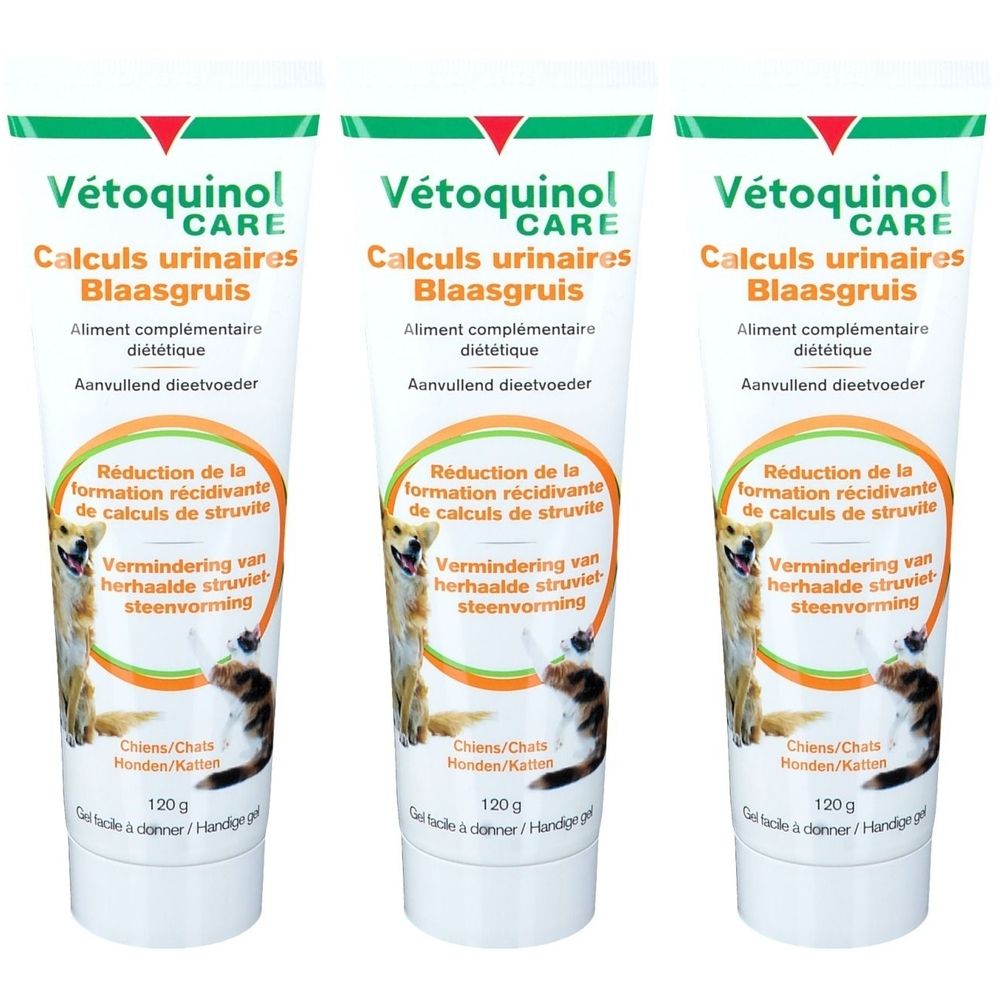 Trois tubes de Vetoquinol Care. Inscription: Calculs urinaires, Blaasgruis. Réduit les cristaux de struvite. Pour chiens et chats. 120g.