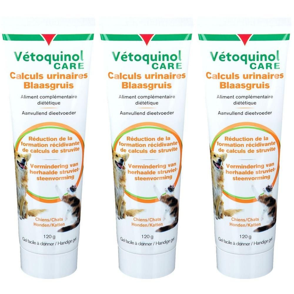 Trois tubes de Vétoquinol Care. Inscription: Calculs urinaires. Images chien et chat. 120g.