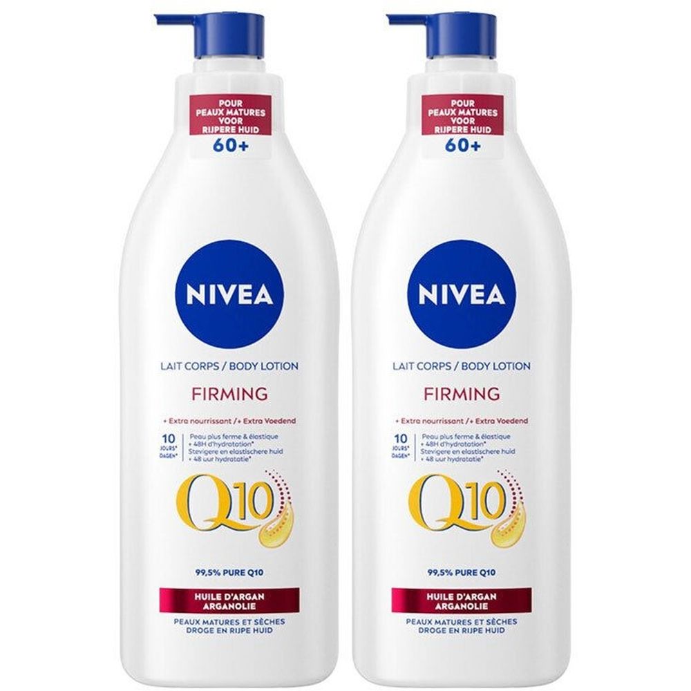 Deux flacons blancs avec pompes bleues. Inscription: NIVEA, Lait Corps/Body Lotion, Firming, Q10. Pour peaux matures 60+.