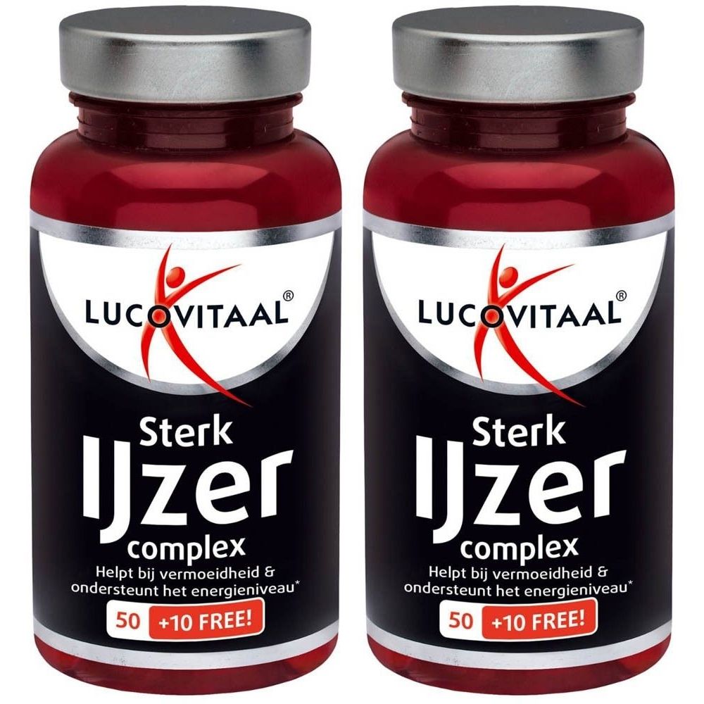 Deux flacons de Lucovitaal® Complexe Fer Fort. Capsules rouges dans des flacons bruns avec des couvercles argentés. Inscription: Sterk Ijzer complex.