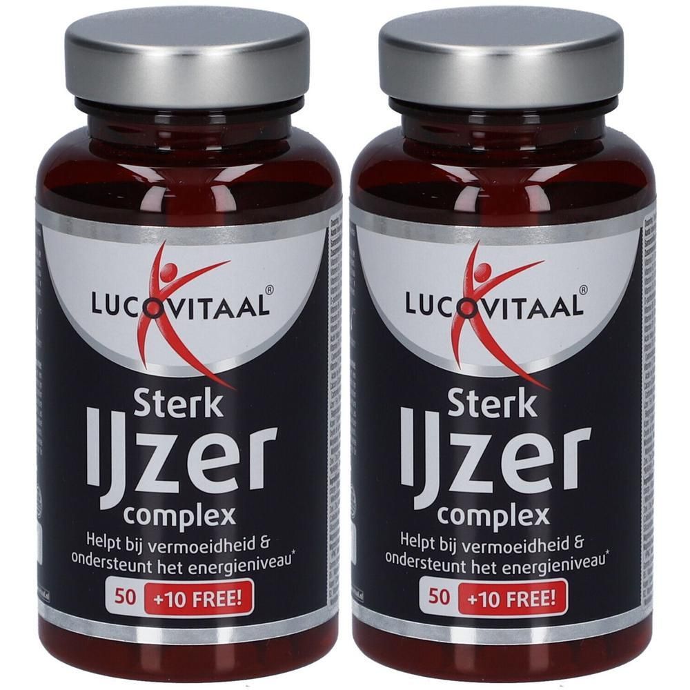 Deux flacons de Lucovitaal® Complexe Fer Fort. Capsules rouges dans des flacons bruns avec des couvercles argentés. Inscription: Sterk Ijzer complex.