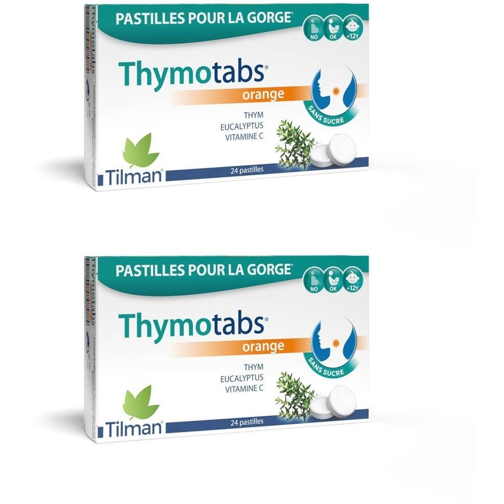 Deux boîtes de Thymotabs Orange, avec l'inscription 'Pastilles pour la gorge'. Contient 24 pastilles, avec illustrations de thym et vitamine C. 'Sans sucre'.