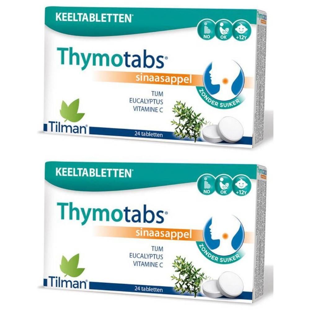 Deux boîtes de Thymotabs, avec l'inscription 'Keeltabletten'. Contient 24 comprimés, avec illustrations de thym et vitamine C. 'Zonder Suiker'.
