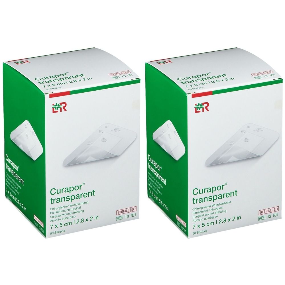 Deux boîtes de Curapor transparent. Emballage vert et blanc avec image du produit et indication de taille 7 x 5 cm.