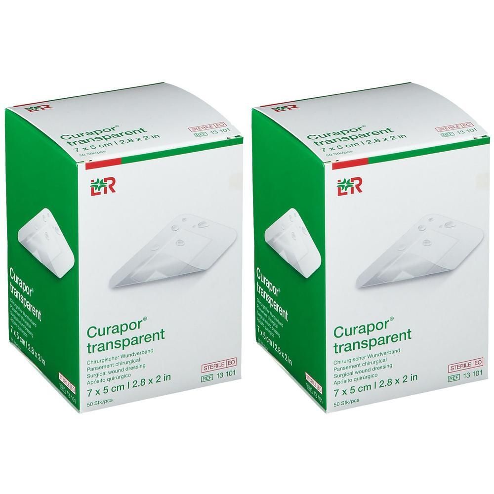 Deux boîtes de Curapor transparent. Emballage vert et blanc avec image du produit et indication de taille 7 x 5 cm.