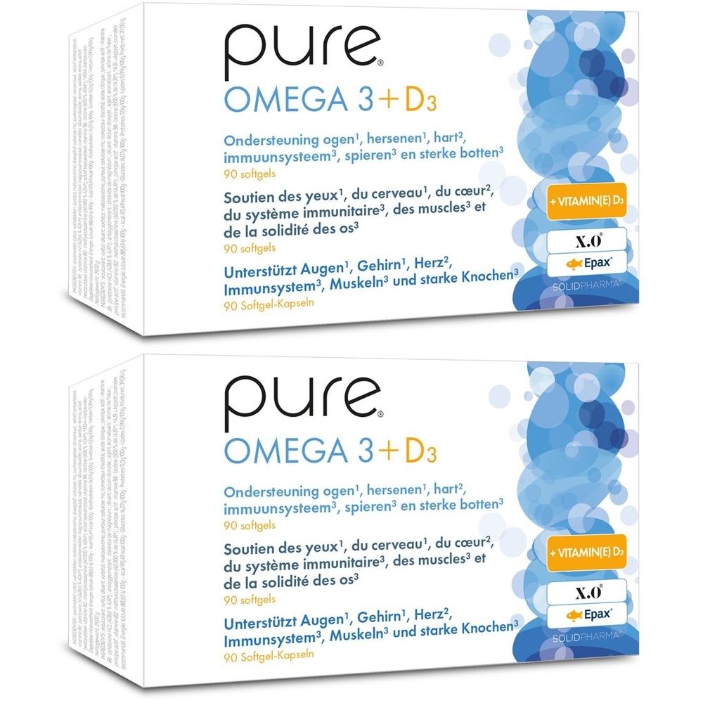 Deux boîtes blanches "pure OMEGA 3 + D3". Texte en français, néerlandais et allemand. Accents jaunes et bleus.