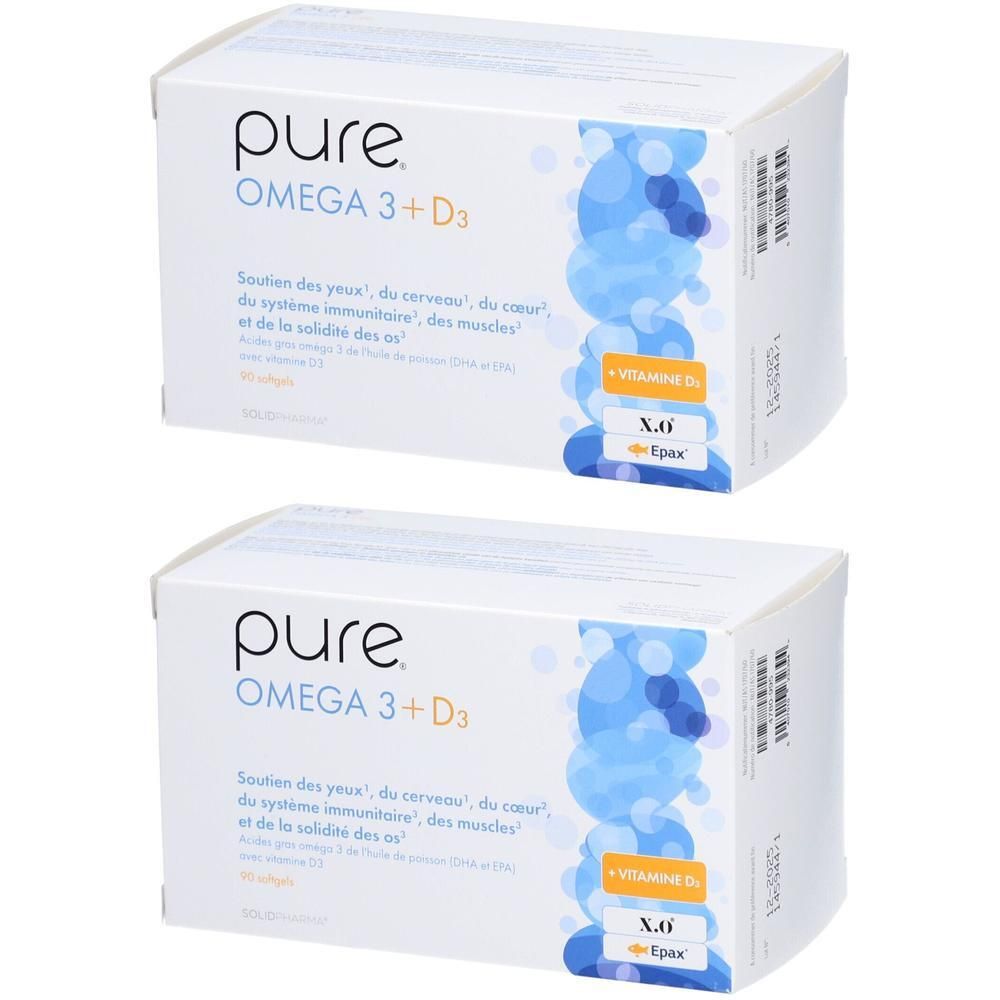Deux boîtes blanches "pure OMEGA 3 + D3". Accents bleus et jaunes. Texte en français.