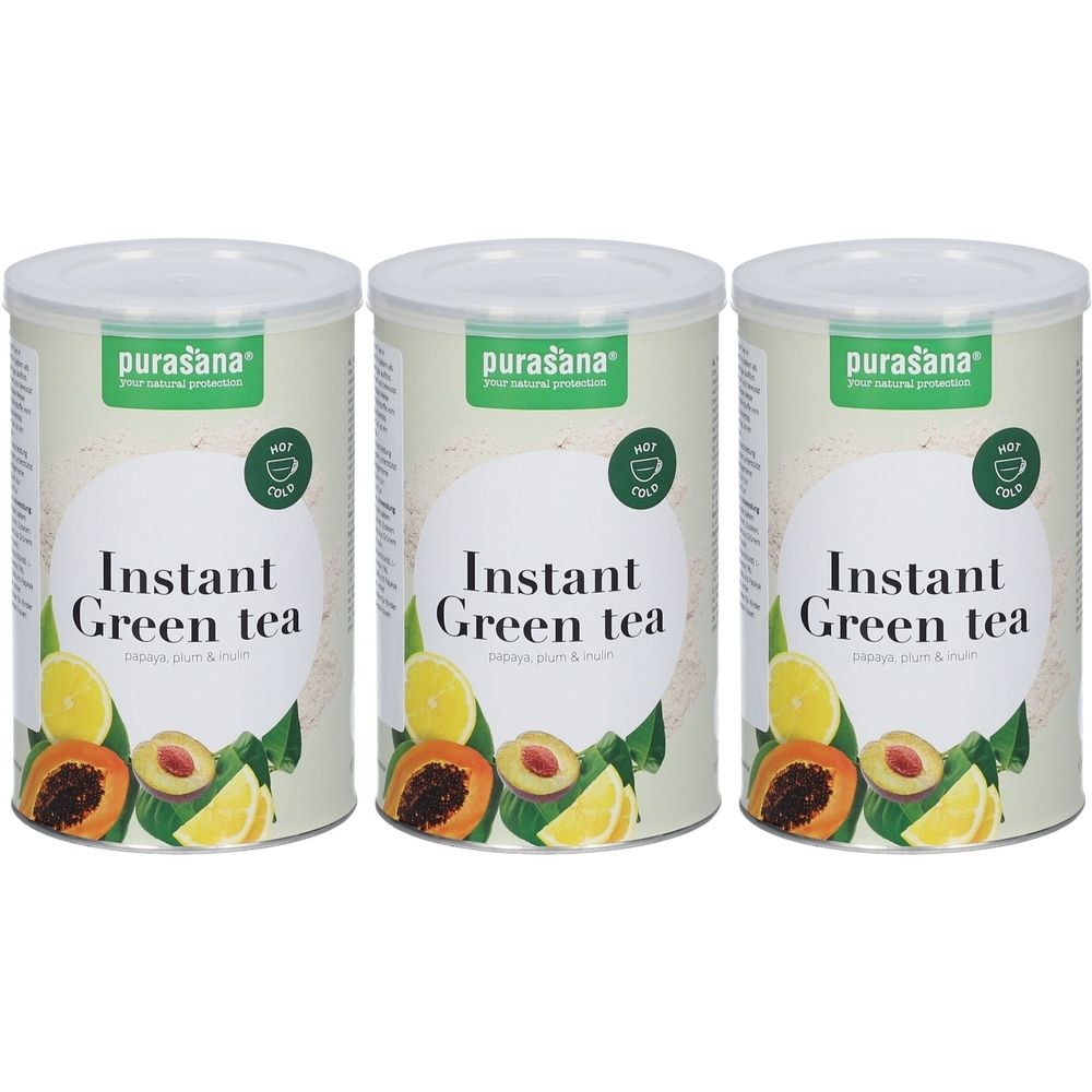 Trois boîtes de thé vert. Inscription : Instant Green Tea, Papaye Prune. Marque : Purasana.