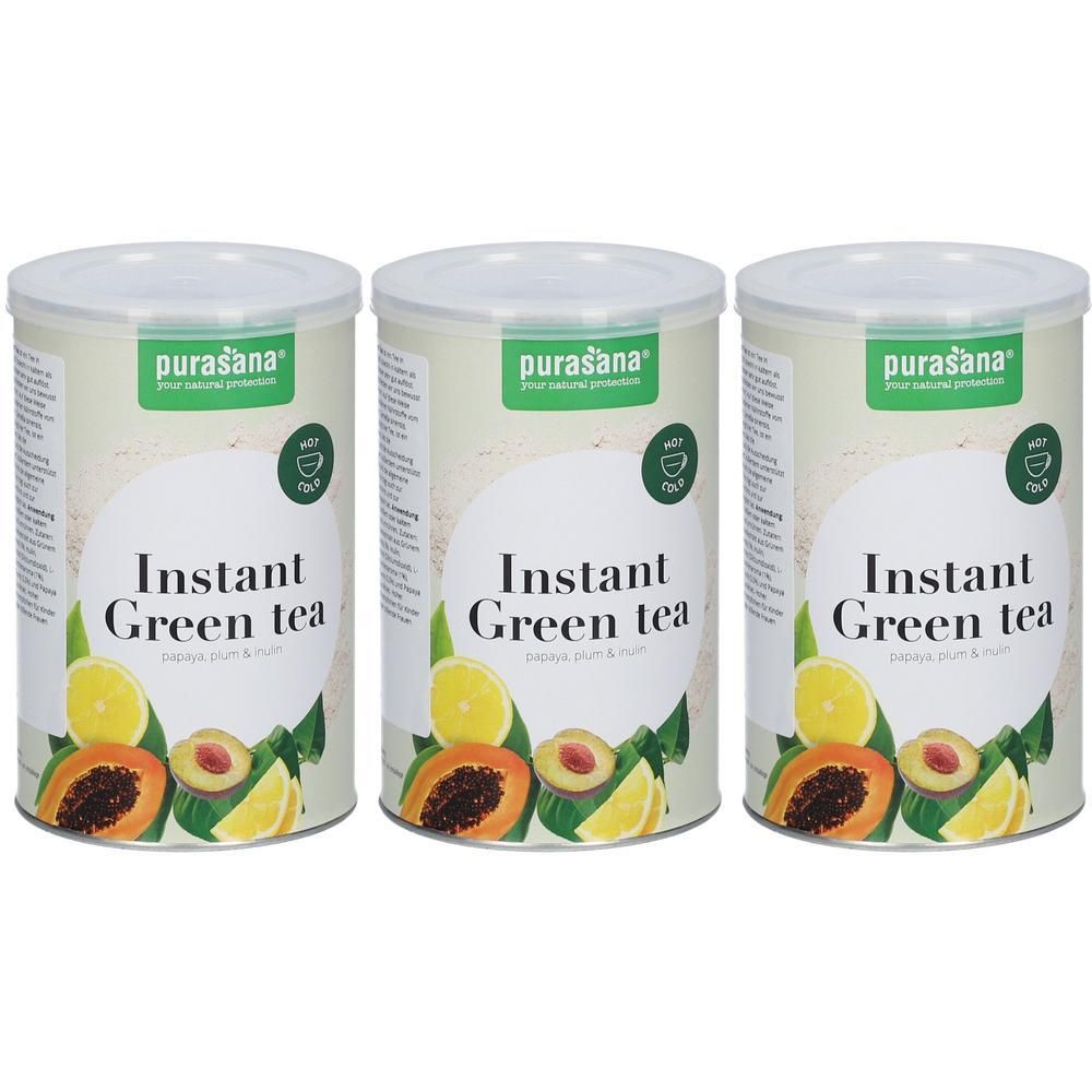 Trois boîtes de thé vert instantané. Emballage vert et blanc avec logo et indication des saveurs papaye, prune et inuline.