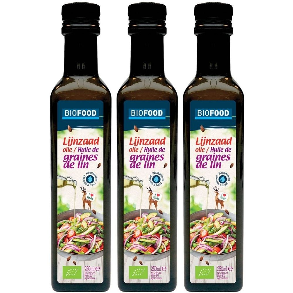 Trois bouteilles avec bouchon noir. Étiquette avec "BIOFOOD" et "Lijnzaad olie/Huile de graines de lin". Label bio.