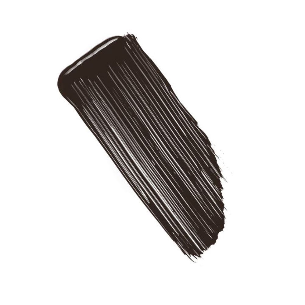Trait de mascara brun foncé sur fond blanc. Texture visible.