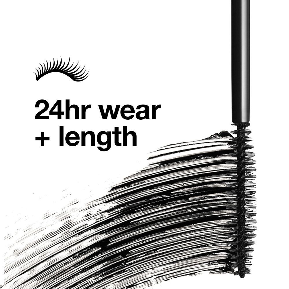 Brosse de mascara avec symbole de cils et texte: 24hr wear + length.
