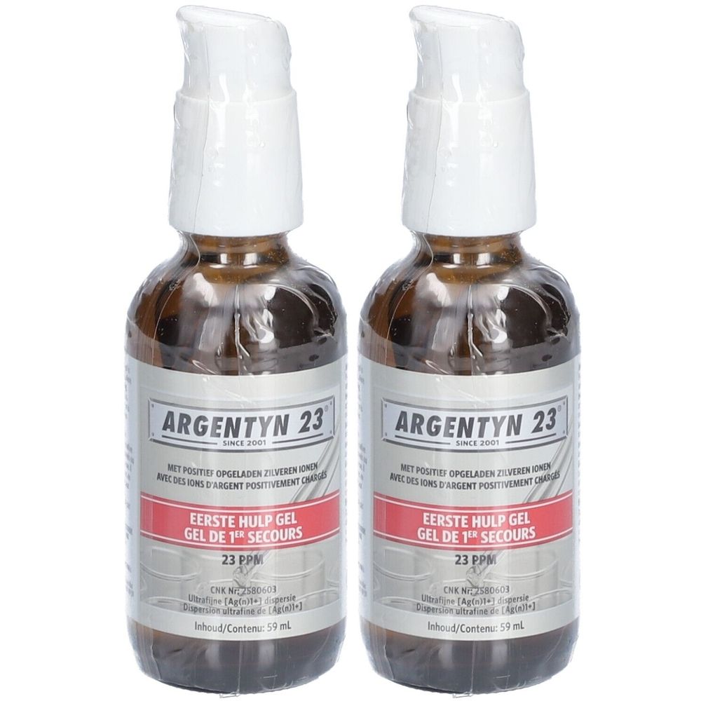 Deux flacons de gel de premiers secours Argentyn 23. Flacons en verre brun avec pompe et étiquette.