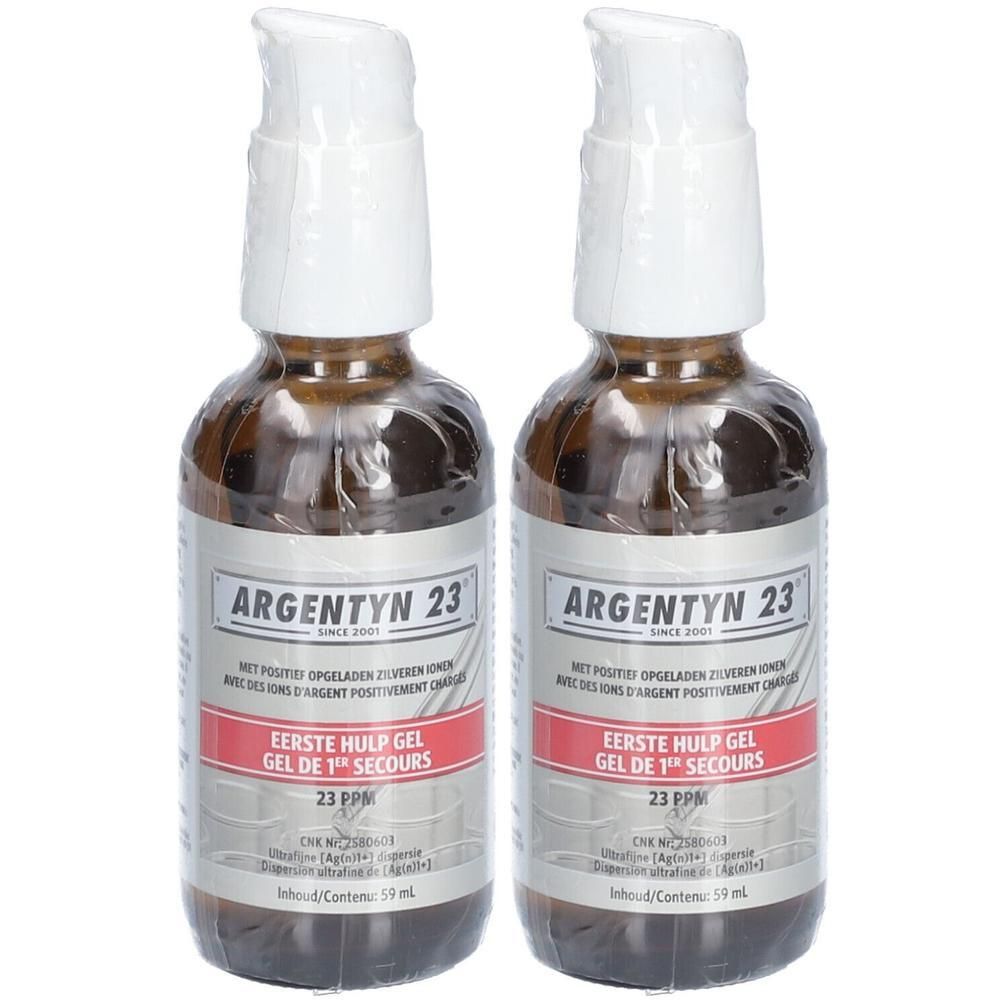 Deux flacons de gel de premiers secours Argentyn 23. Flacons en verre brun avec pompe et étiquette.