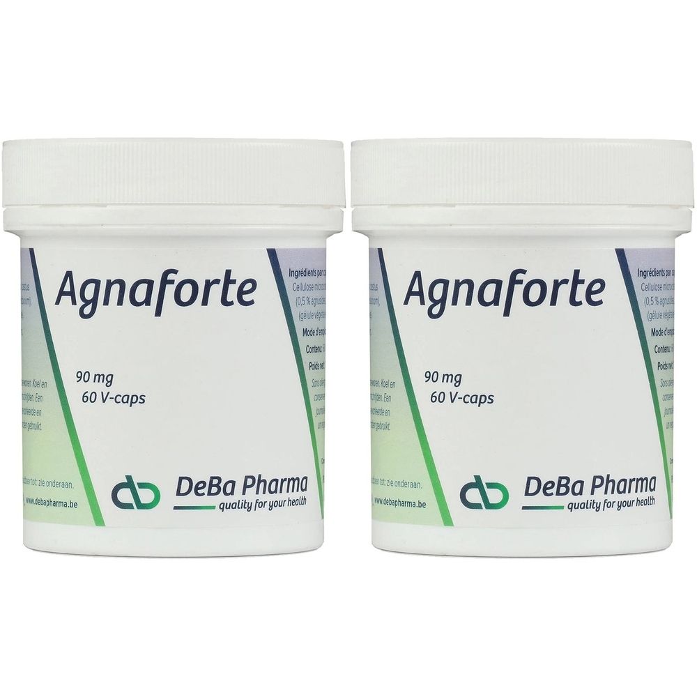 Deux pots blancs avec l'inscription Agnaforte, 90 mg, 60 V-caps. Logo DeBa Pharma.