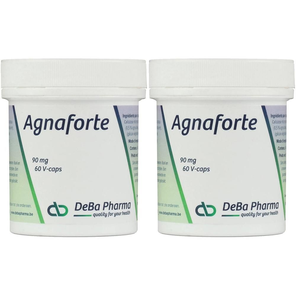 Deux pots blancs avec l'inscription Agnaforte, 90 mg, 60 V-caps. Logo DeBa Pharma.