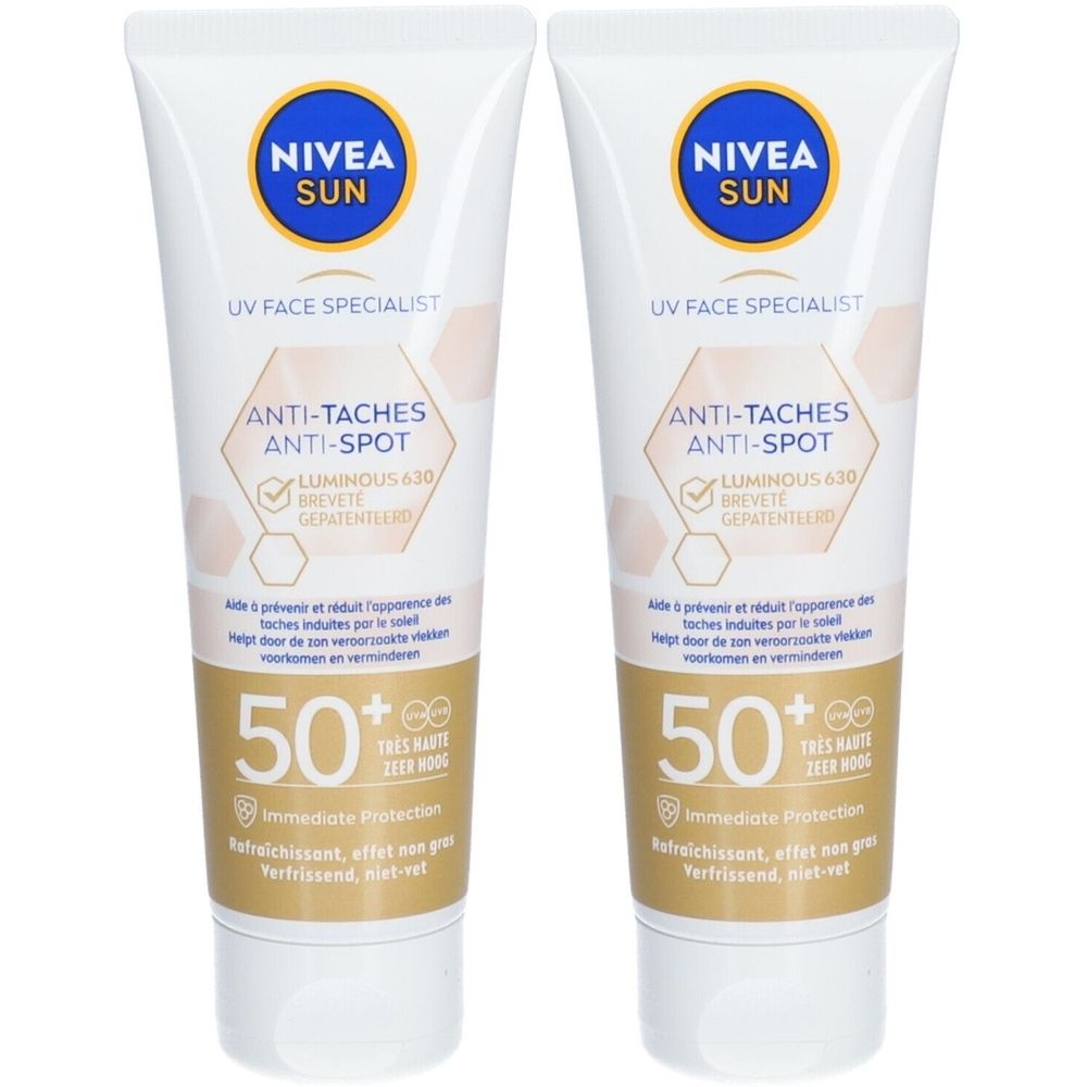 Deux tubes de Nivea Sun UV Face Specialist Anti-Tâches Luminous 630 SPF 50+. Tubes blancs, bouchon bleu, détails dorés.