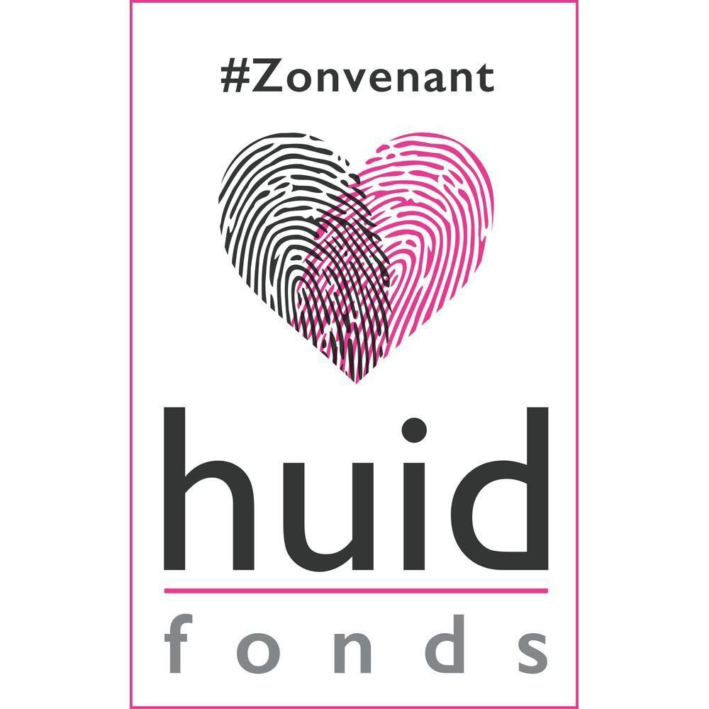 Logo Huidfonds avec un cœur d'empreintes digitales. Texte : #Zonvenant, huid fonds.