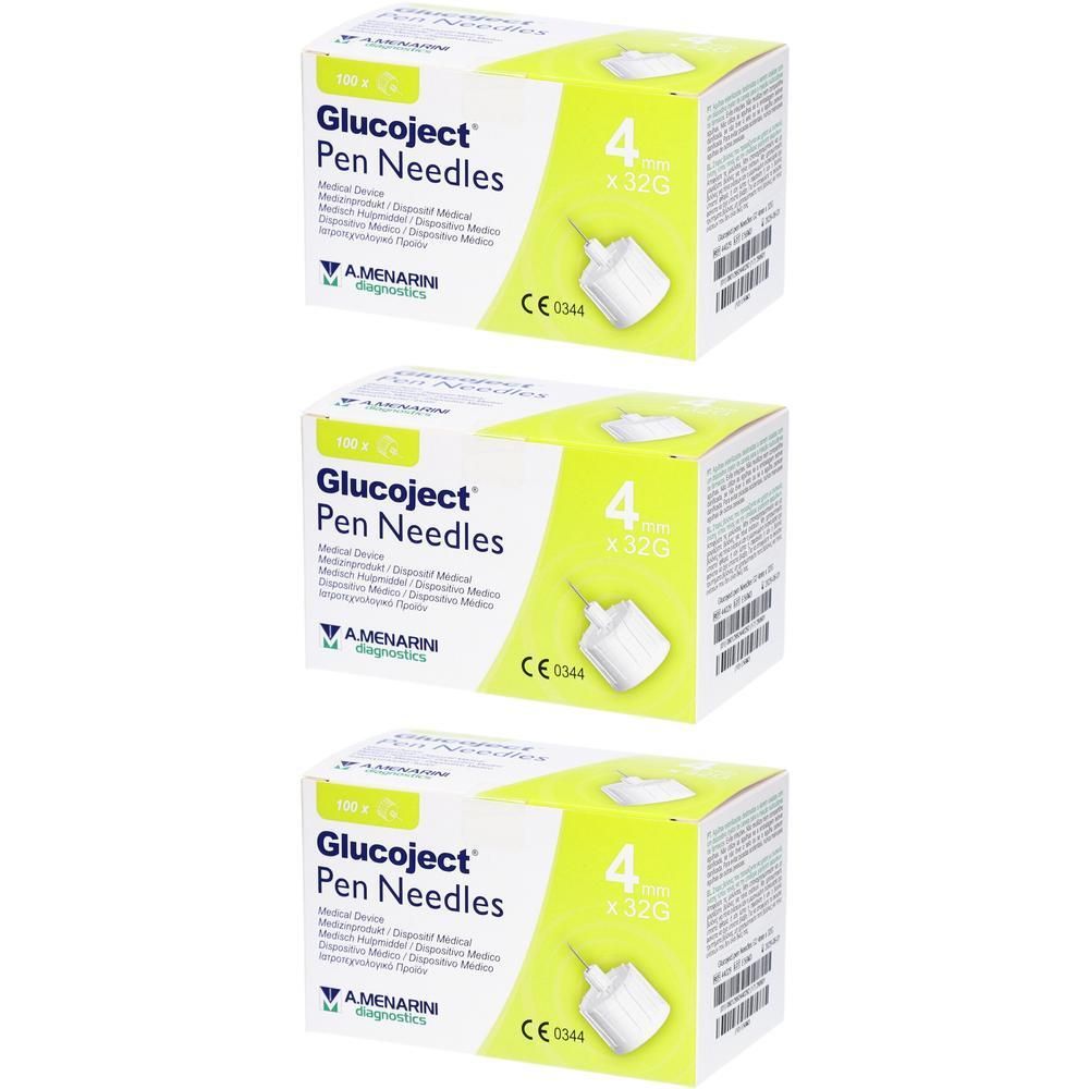 Trois boîtes de Glucoject Pen Needles. Inscription : 4 mm x 32G. Dispositif médical. CE 0344. Amenarini Diagnostics.