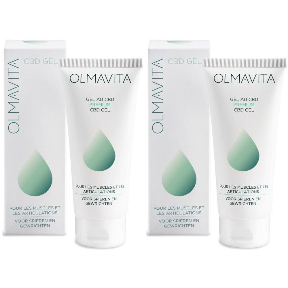 Deux tubes et emballages. Inscription: OLMAVITA, CBD GEL, Gel au CBD Premium. Pour les muscles et les articulations. Logo goutte.