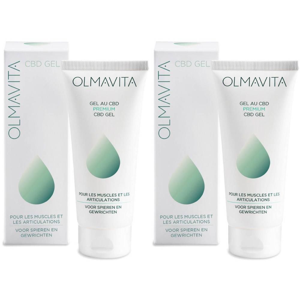 Deux tubes et emballages. Inscription: OLMAVITA, CBD GEL, Gel au CBD Premium. Pour les muscles et les articulations. Logo goutte.
