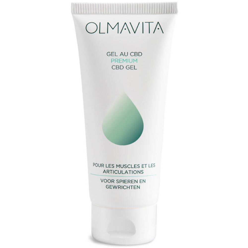 Tube avec inscription: OLMAVITA, Gel au CBD Premium, CBD GEL. Pour les muscles et les articulations. Logo goutte. Fond blanc.