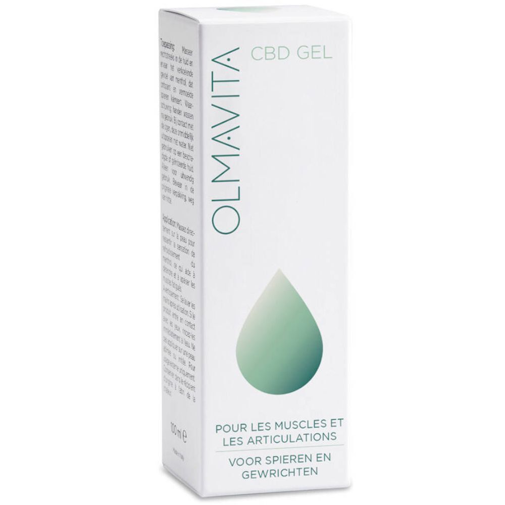 Emballage avec inscription: OLMAVITA, CBD GEL. Pour les muscles et les articulations. Logo goutte. Texte en allemand et néerlandais.