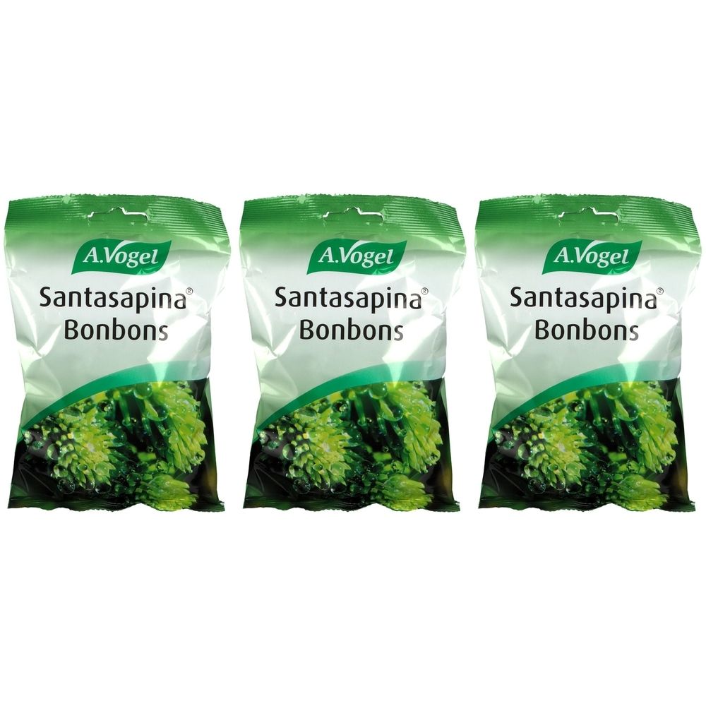 Trois sachets de bonbons A.Vogel Santasapina. Emballage vert et blanc avec nom du produit et logo. Image de plantes vertes.