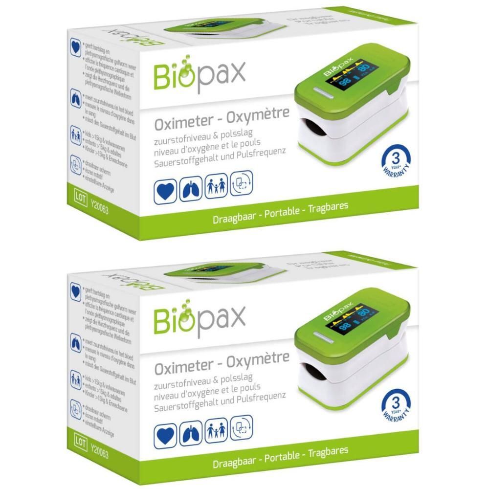 Deux boîtes de Biopax Oxymètre. Appareil vert et blanc avec écran. Boîte avec nom et symboles.