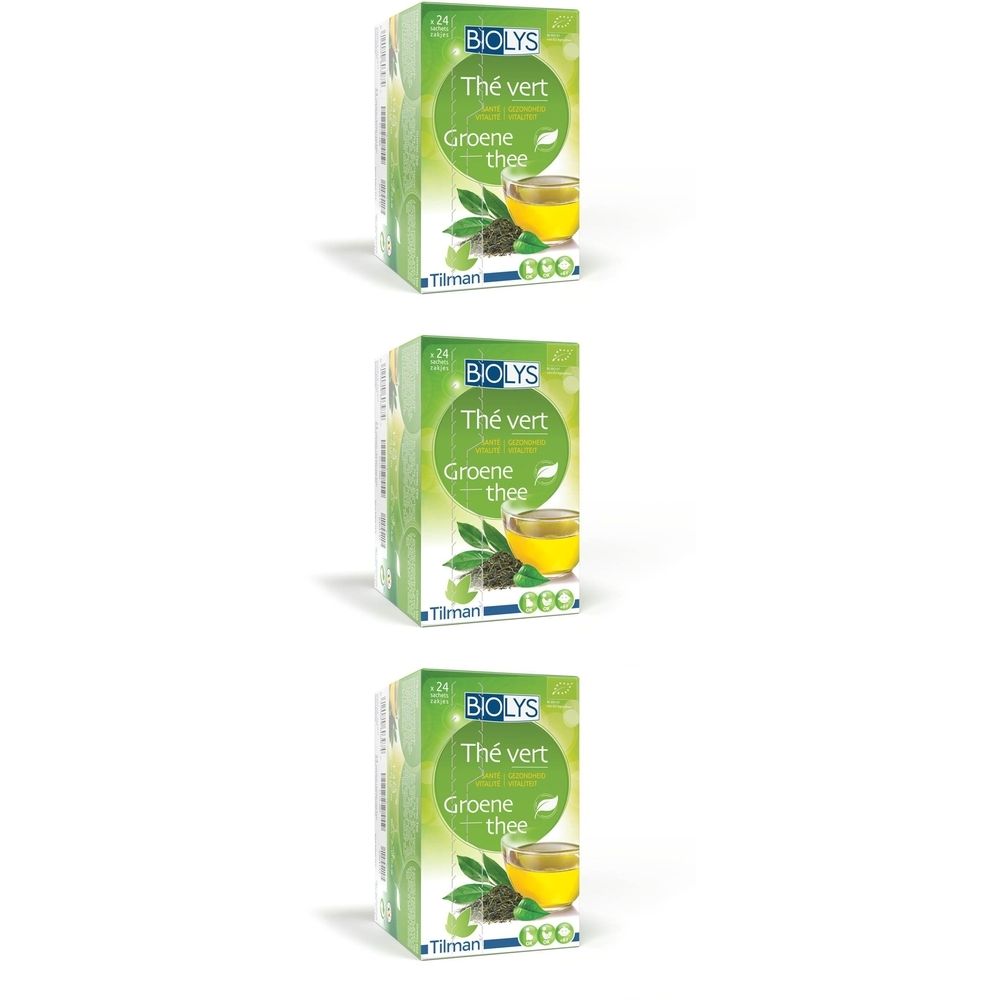 Trois boîtes vertes de Biolys Thé vert. Chaque boîte affiche « Thé vert » et « Groene thee ». Une tasse de thé et des feuilles de thé sont représentées.