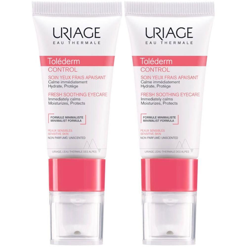 Deux tubes de Uriage Toléderm CONTROL. Blanc, avec texte rouge et noir. Nom du produit et description.