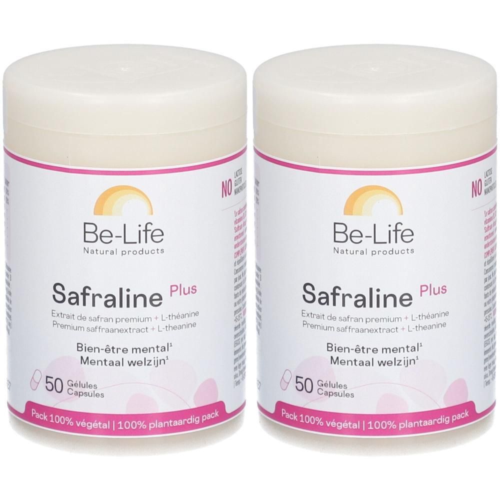 Deux boîtes de Safraline Plus. Étiquette blanc-rose avec logo, nom et ingrédients. 50 gélules. Pack 100% végétal.