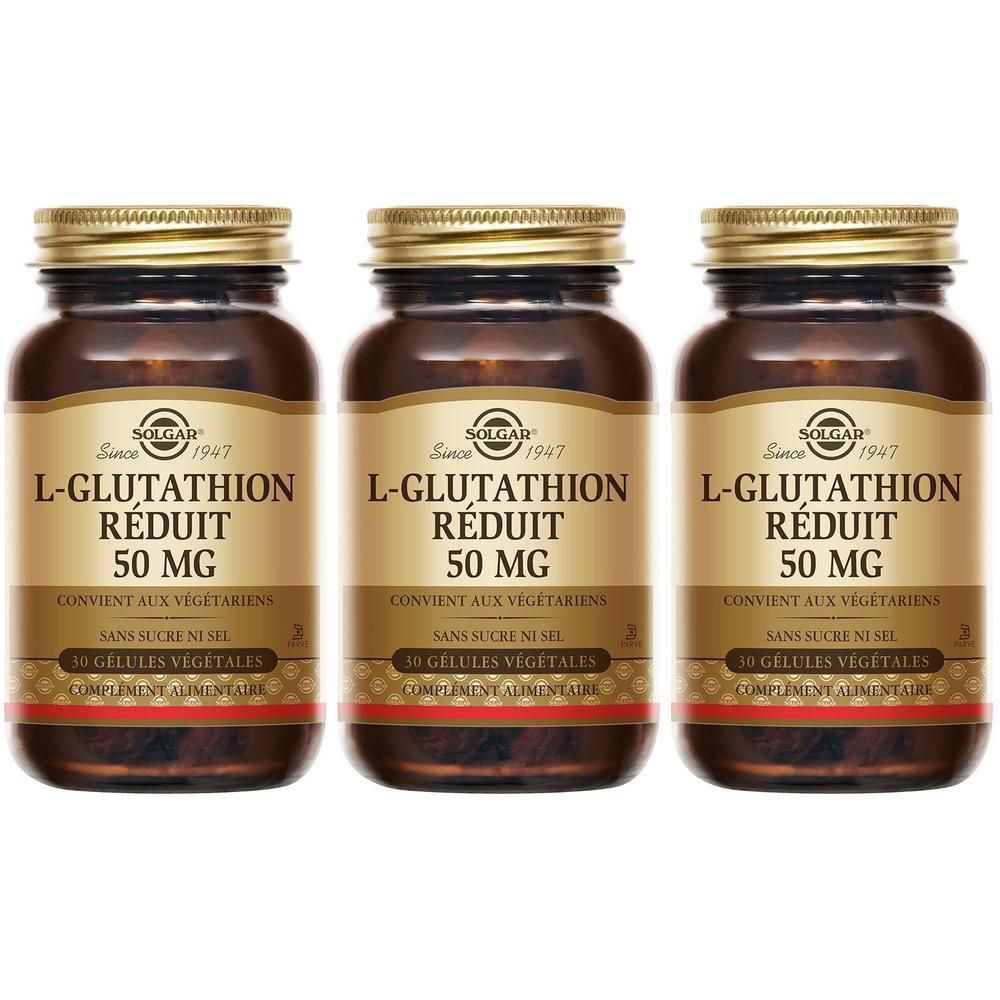 Trois flacons en verre brun, bouchons dorés. Étiquettes : L-Glutathion Réduit 50 MG, 30 gélules végétales. Sans sucre ni sel.