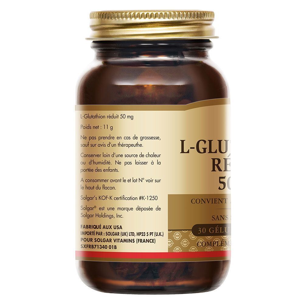 Arrière d'un flacon Solgar L-Glutathion Réduit 50 mg avec informations nutritionnelles et certifications.