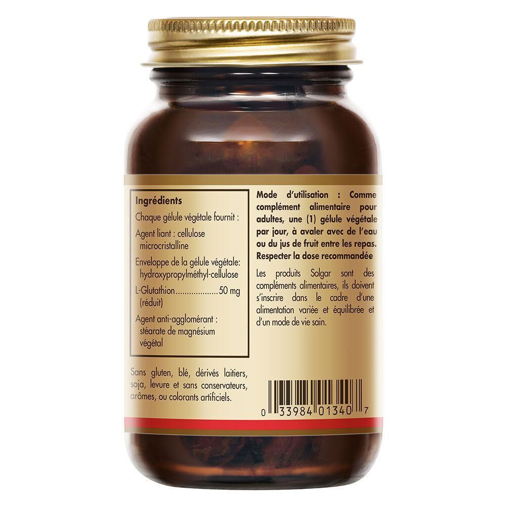 Dos d'un flacon en verre brun, bouchon doré. Étiquette avec ingrédients et mode d'emploi. Sans gluten, lait, levure, conservateurs.