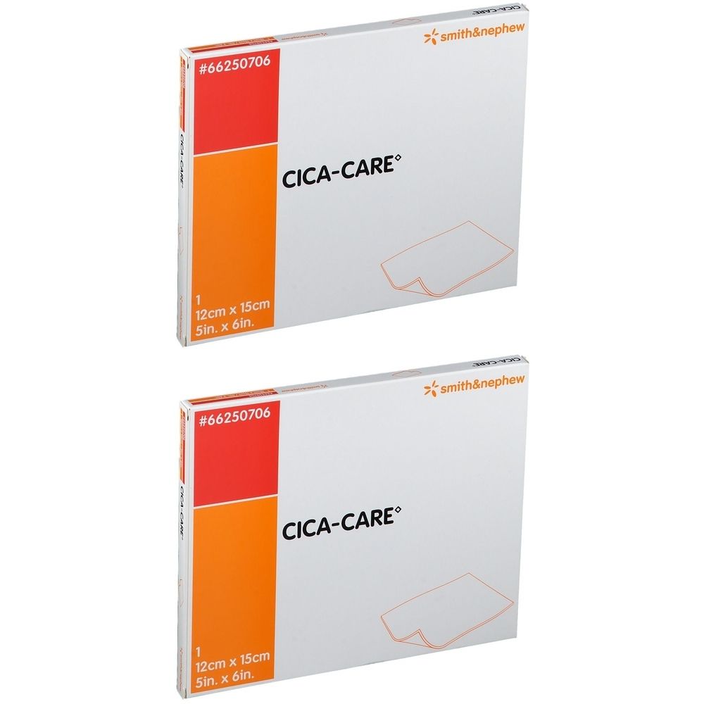 Deux boîtes rectangulaires avec le texte Cica-Care. Inscription : 12cm x 15cm, 5in. x 6in. Logo Smith & Nephew.