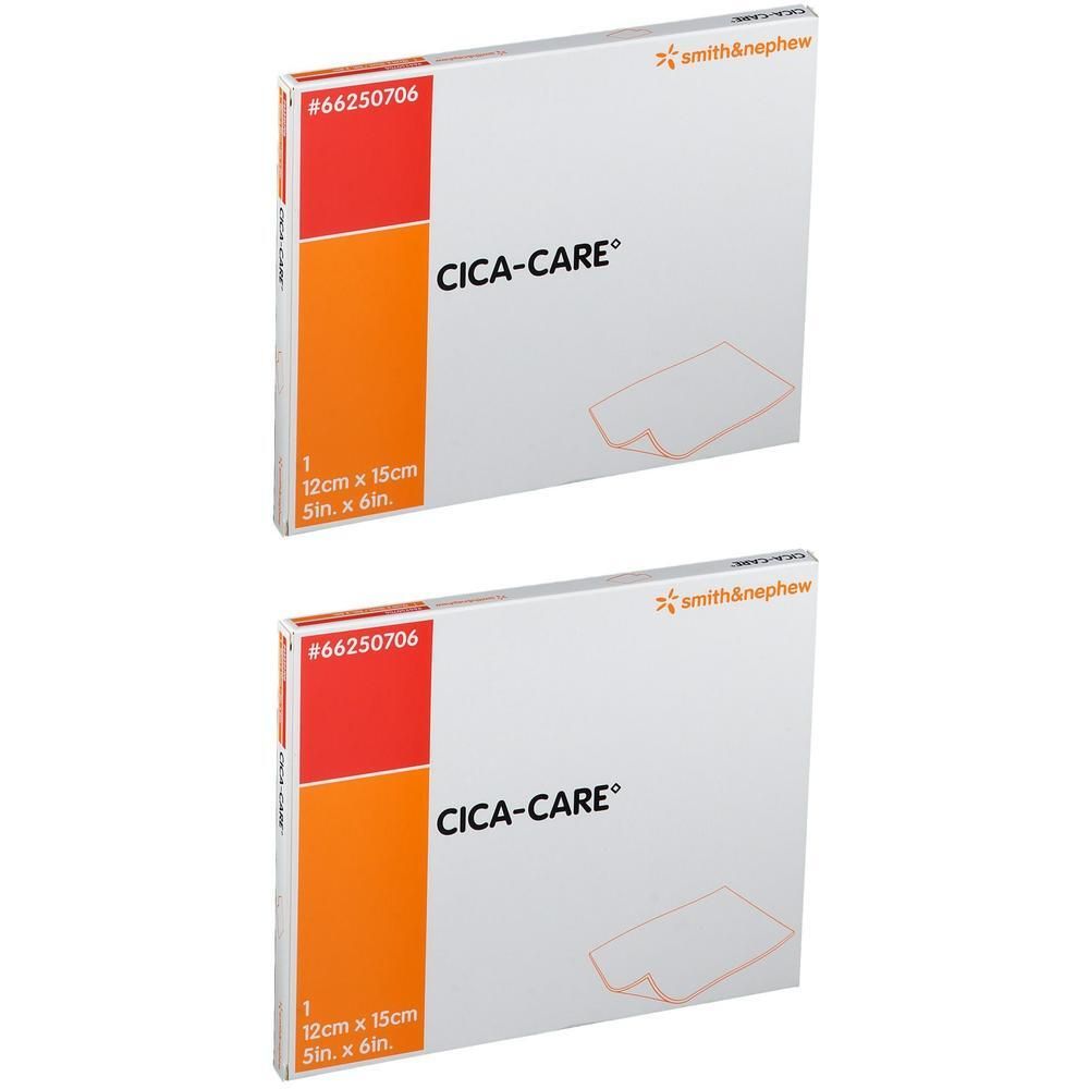 Deux boîtes rectangulaires avec le texte Cica-Care. Inscription : 12cm x 15cm, 5in. x 6in. Logo Smith & Nephew.