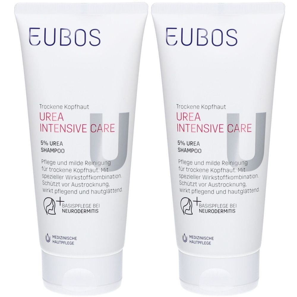 Deux tubes de shampooing EUBOS Urea 5%. Tubes blancs avec texte violet et rouge. Inscription : Urea Intensive Care, soins médicaux de la peau.