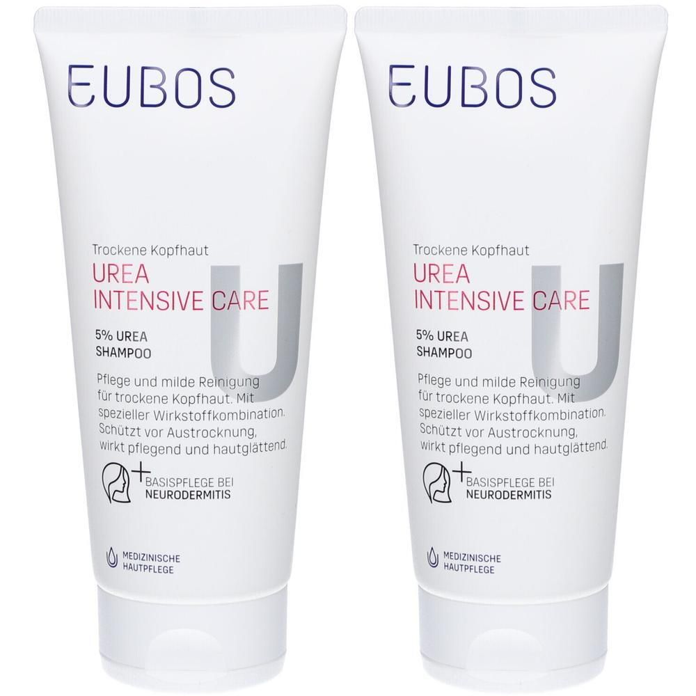 Deux tubes de shampooing EUBOS Urea 5%. Tubes blancs avec texte violet et rouge. Inscription : Urea Intensive Care, soins médicaux de la peau.