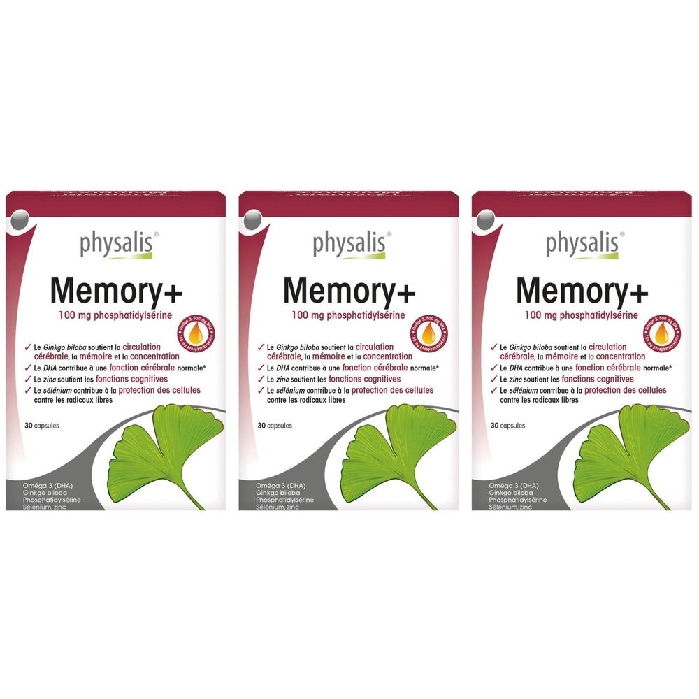 Trois boîtes Physalis Memory+ avec couvercle rouge. Inscription : Memory+, 100 mg phosphatidylserine. Illustration de feuille de ginkgo.