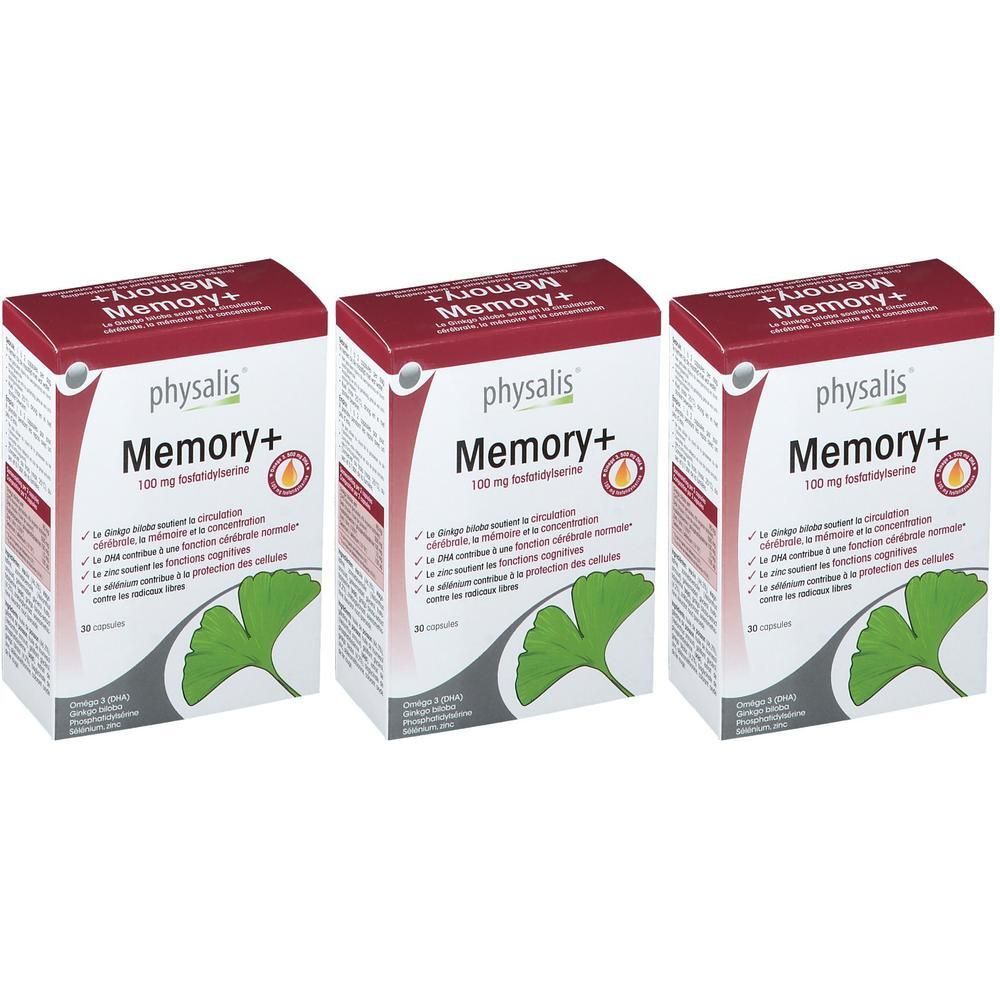 Trois boîtes Physalis Memory+ avec couvercle rouge. Inscription : Memory+, 100 mg phosphatidylserine. Illustration de feuille de ginkgo.