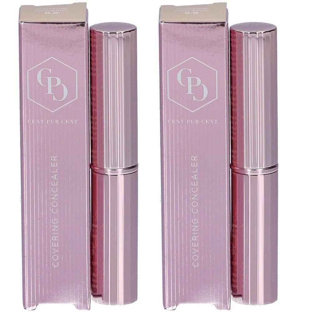 Deux correcteurs avec emballage. Emballage rose avec logo et texte COVERING CONCEALER. Bâtons roses et argentés.
