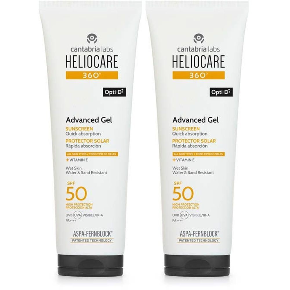 Deux tubes de Heliocare 360° Advanced Gel SPF 50. Tubes blancs avec accents jaunes et noirs. Texte : Protection solaire, vitamine E.