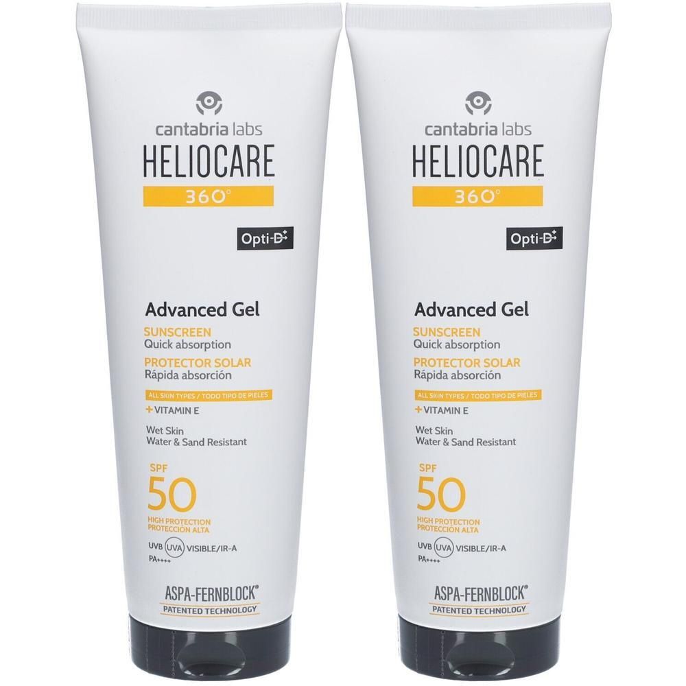 Deux tubes de Heliocare 360° Advanced Gel SPF 50. Tubes blancs avec accents jaunes et noirs. Texte : Protection solaire, vitamine E.