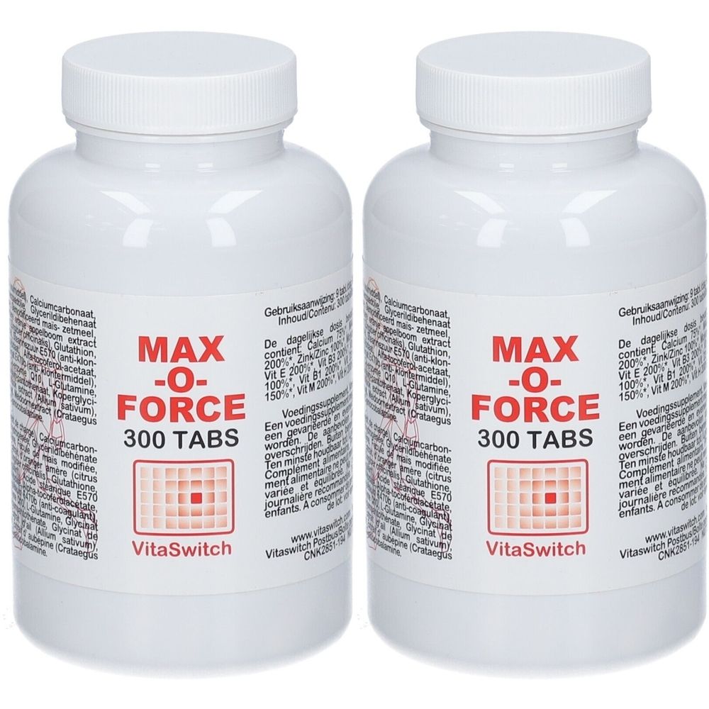 Deux flacons blancs avec des couvercles blancs. L'étiquette indique "MAX -O-FORCE", "300 TABS" et "vitawitch".