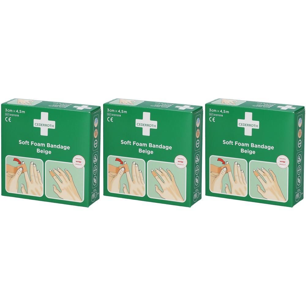 Trois boîtes vertes avec croix blanche, texte "Cederroth Soft Foam Bandage Beige". Dimensions : 3 cm x 4,5 m. Marque CE.