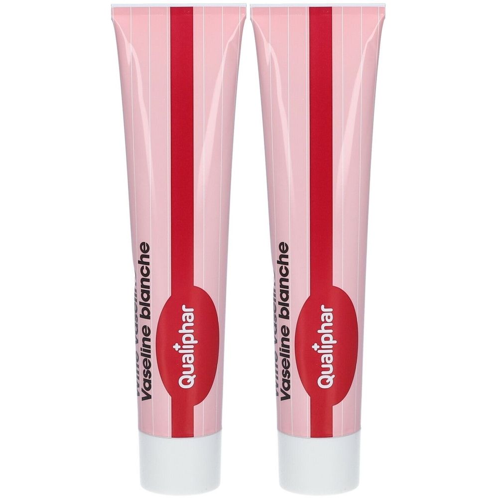 Deux tubes de Vaseline blanche. Design rose et blanc avec une bande rouge et le logo Qualiphar. Bouchon blanc.