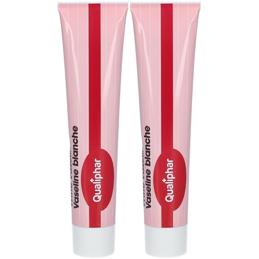 Deux tubes de Vaseline blanche. Design rose et blanc avec une bande rouge et le logo Qualiphar. Bouchon blanc.